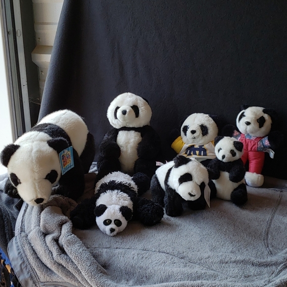 Lot of 7 Vintage Plush Stuffed Panda Bears